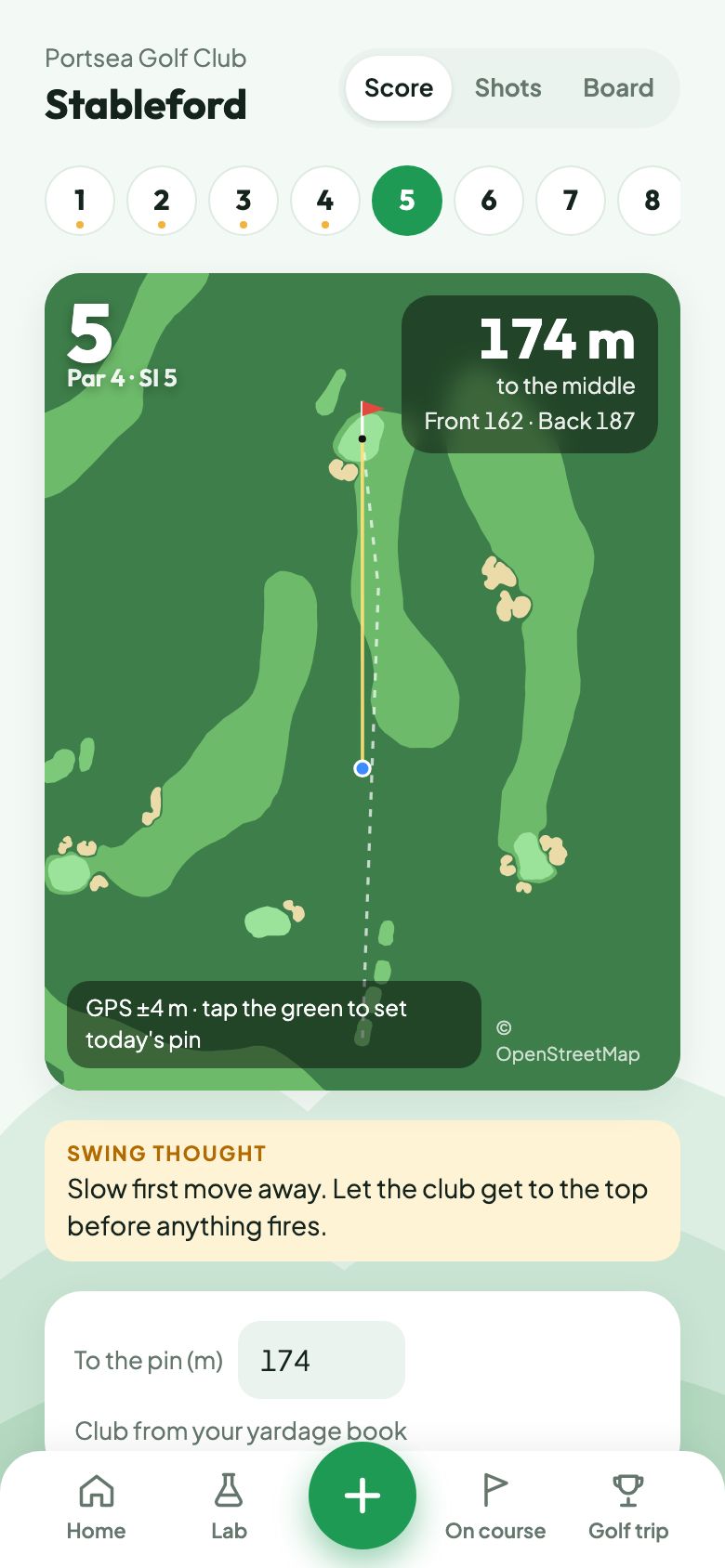 A hole map with the distance to the middle of the green, and to the front and back